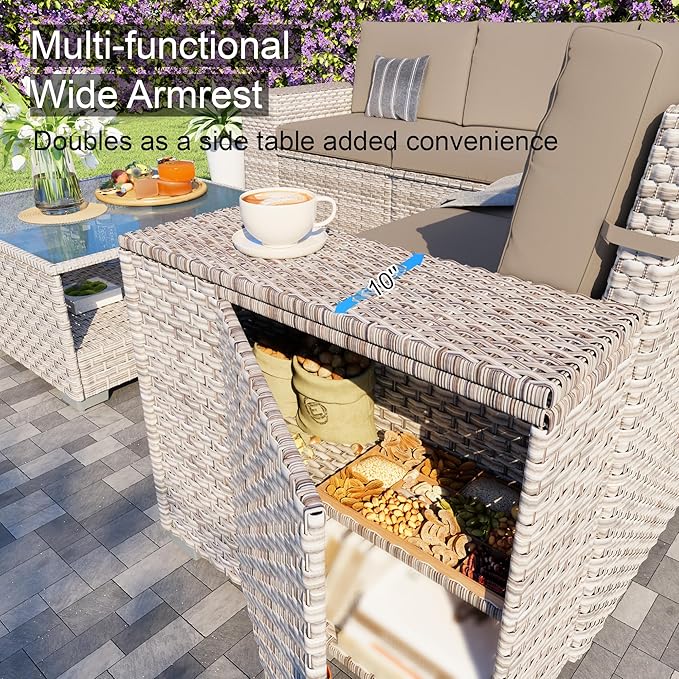 7-Piece Patio Furniture Set, Outdoor Extra Wide Armrest Modular Patio Sofa with Fire Pit Table, Dual-Strand Rattan Wicker High Back Large Seat Furniture for Backyard Porch Garden Balcony, Khaki