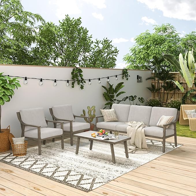 HAPPATIO 4-Piece Outdoor Patio Furniture Set for 5, Aluminum Outdoor Conversation Set Includes 1 Three-Seater Sofa, 2 Armchairs, and 1 Coffee Table, Perfect for Porch, Deck, Garden, (Grey)