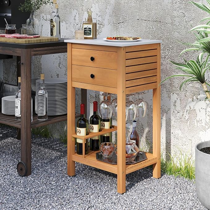 Goplus Outdoor Side Table, Acacia Wood Bar Table w/Marble-Like Countertop, 2 Storage Drawers, Bottom Shelf, Glass & Wine Holders, Small Buffet Sideboard for Patio, Backyard, Garden, Deck Corner