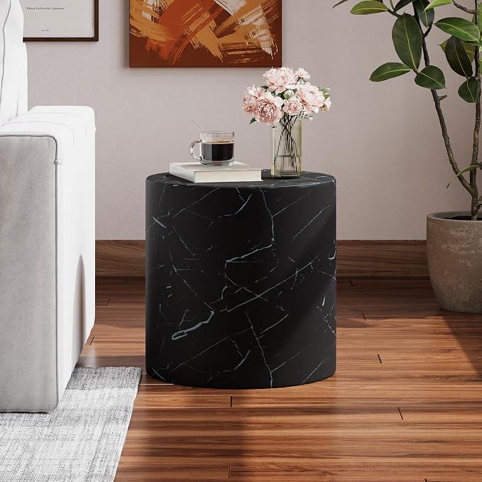 Christopher Knight Home Outdoor Round Side Table,Patio Garden Stool End Coffee Table,Decorative Accent Table for Patio,or Balcony,Lightweight Concrete Material,Black Marble