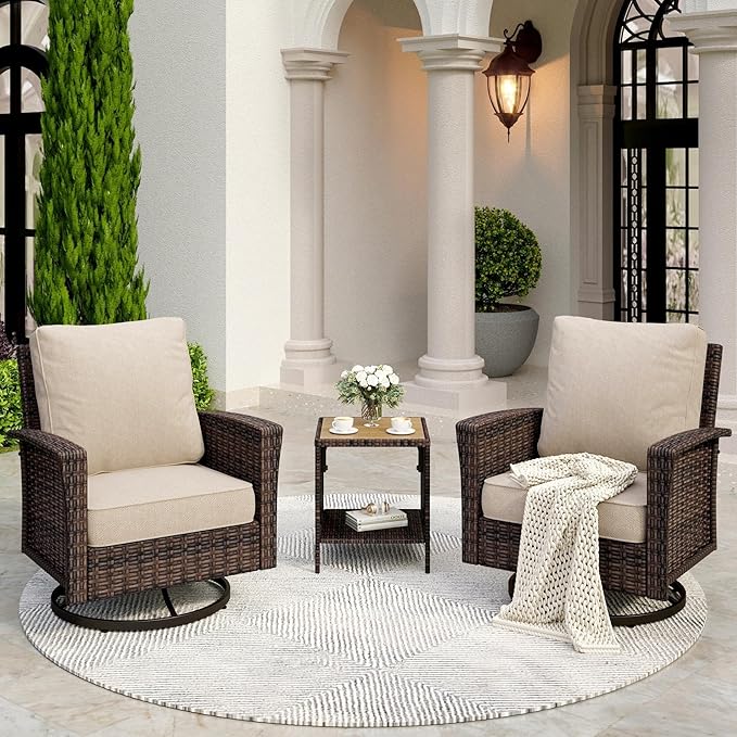 Patio Wicker Swivel Chairs Set of 2, Outdoor High Back Chairs with 5.5" Waterproof Cushions and Side Table, Outdoor Furniture Set for Deck Porch and Yard, Beige