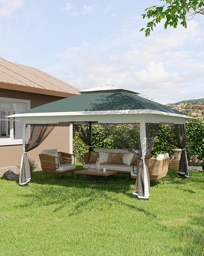 Garvee 12x12FT Pop Up Gazebo with Mosquito Netting, Outdoor Canopy Tent Easy Setup for Backyard Patio Garden Deck, Green