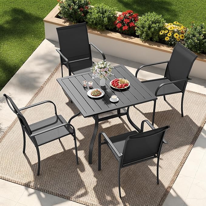Crownland 5 Piece Patio Dining Set, Outdoor Textilene Dining Sets, 4 Textilene Metal Chairs and Square Outdoor Dining Table with 1.57" Umbrella Hole (Black)