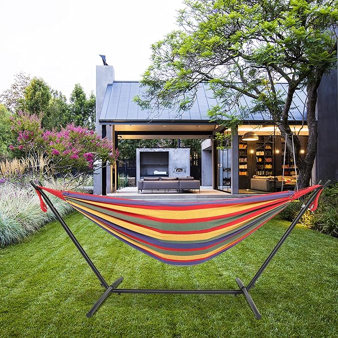 Cotton Hammock with Space Saving Steel Stand,9ft Black Steel Pipe Hammock Frame with 200 * 150cm Polyester Cotton Hammock Iron Hammock Set (Red Stripe A)