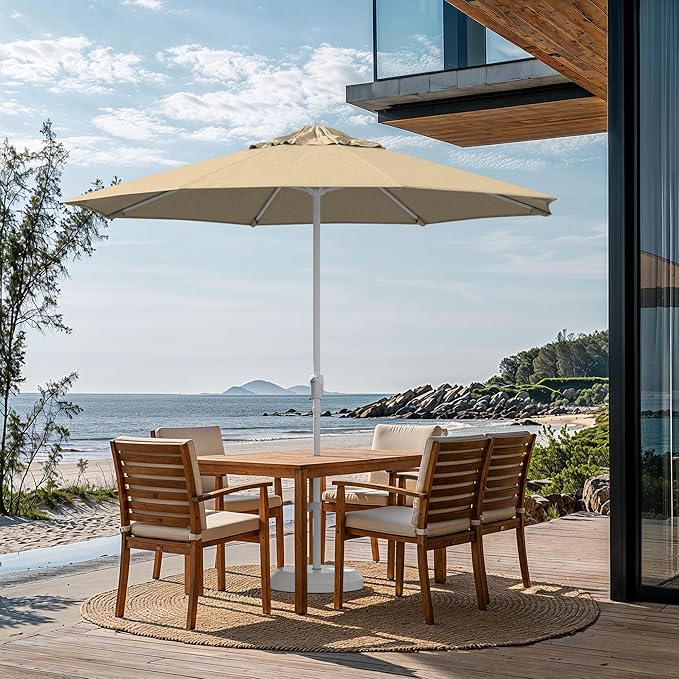 California Umbrella 10-Year Protection 9 Ft Outdoor Patio Umbrella, Pacifica Fade-Resistant Fabric, Auto-Tilt, Heavy Duty Aluminum Frame, 8 Reinforced Ribs for Pool or Deck, White Pole, Beige