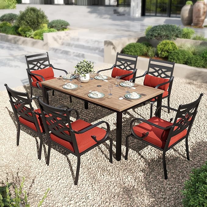PHI VILLA Patio Dining Set, Metal Table | Metal chairs, Red Cushion, Umbrella Hole, Cushions, E-coated