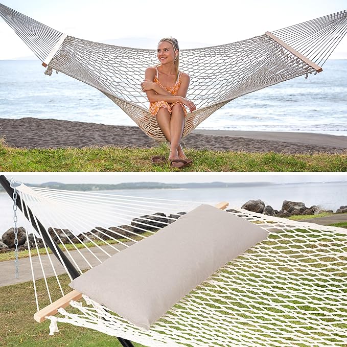 SUNCREAT Traditional Rope Double Hammock with Hardwood Spreader Bar and Detachable Large Pillow, 450 lbs Capacity
