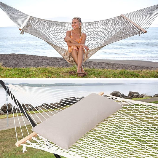 SUNCREAT Traditional Rope Double Hammock with Hardwood Spreader Bar and Detachable Large Pillow, 450 lbs Capacity