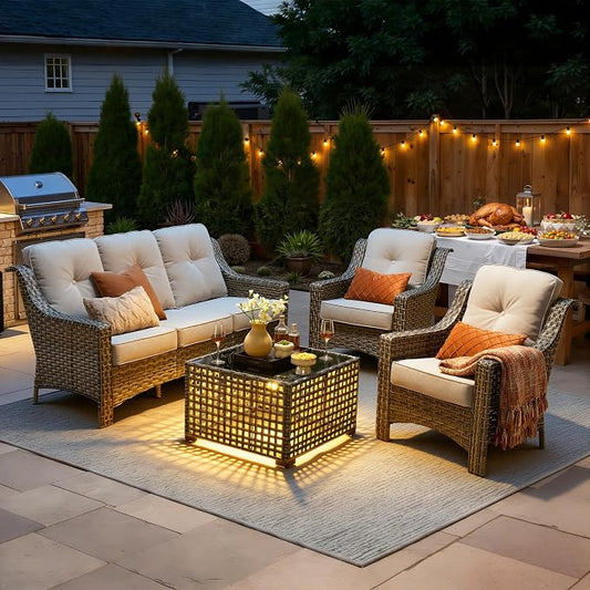 4 Piece Outdoor Patio Furniture Set, All Weather Waterproof Wicker High Back Conversation Set, Two Single Chairs, Solar Light Coffee Table, Outside Furniture for Porch Balcony, Light Grey
