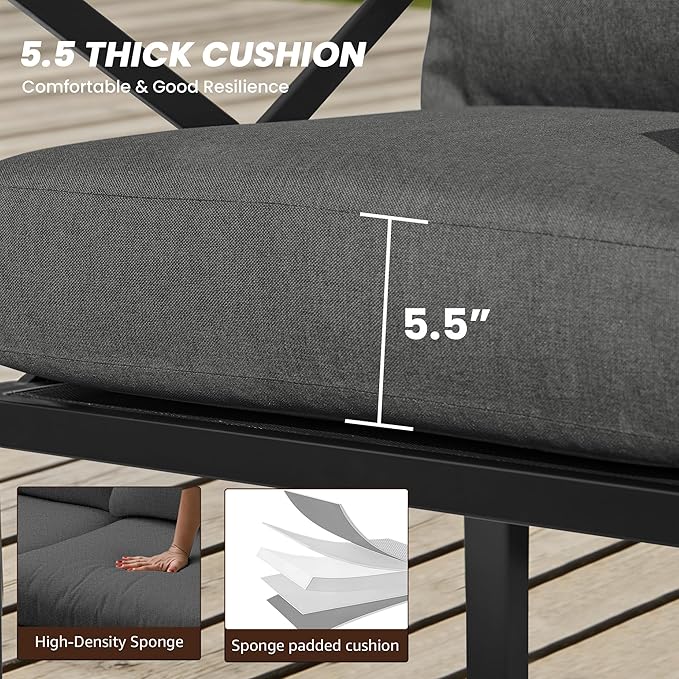 NATURAL EXPRESSIONS Outdoor Patio Furniture 4 Pieces Set, Modern Patio Conversation Sets, Outdoor Sectional Metal Sofa with 5.5 Inch Cushion and Coffee Table,Black