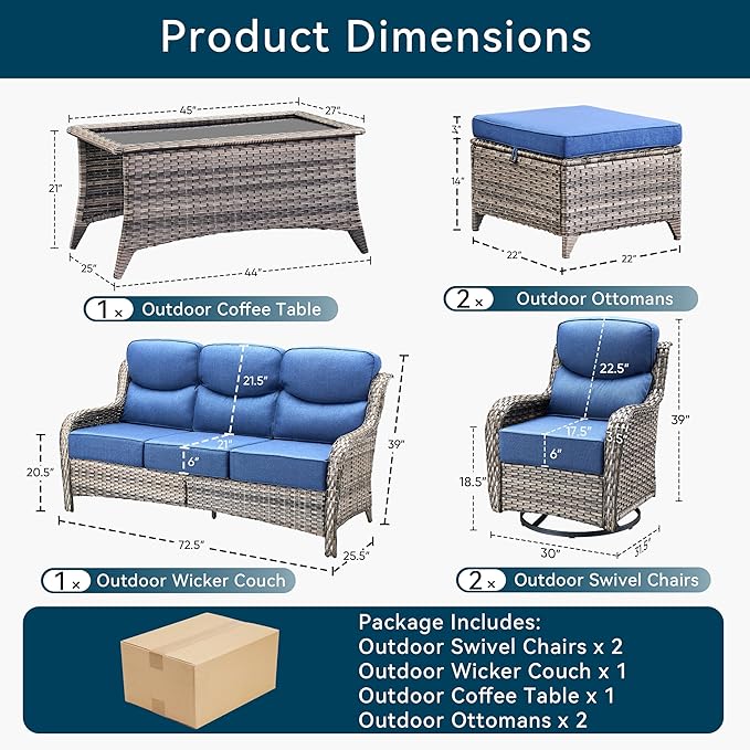 Luxury 6 Pieces Outdoor Patio Furniture Set-All Weather Wicker Outdoor Furniture with Swivel Rocker Patio Chairs 6-inch Extra Thick Cushions Wicker Conversation Set for Garden Porch(Grey/Blue)