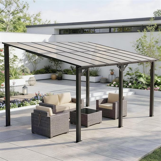 ALAULM 10'x 14' Outdoor Hardtop Pergola,Wall Mounted Lean to Gazebo with Sloped Sun Panel Roof,Galvanized Metal Frame,Sunshade for Patio, Backyard, Deck and Poolside