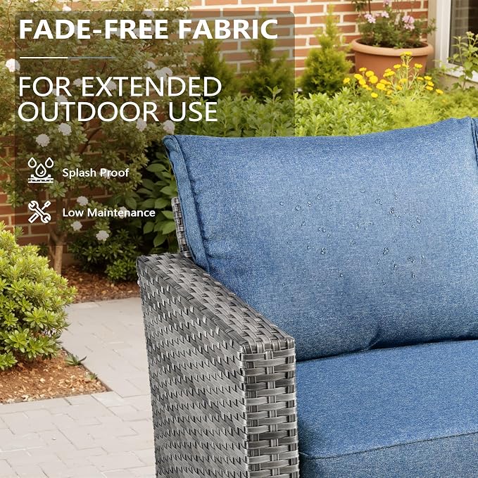 CAODOC 8-Piece Outdoor Wicker Patio Set with 9 Seats, Including 43" Fire Pit - Sectional Sofa and Conversation Set for Backyard or Lawn, Gray Rattan with Waterproof Blue Cushions