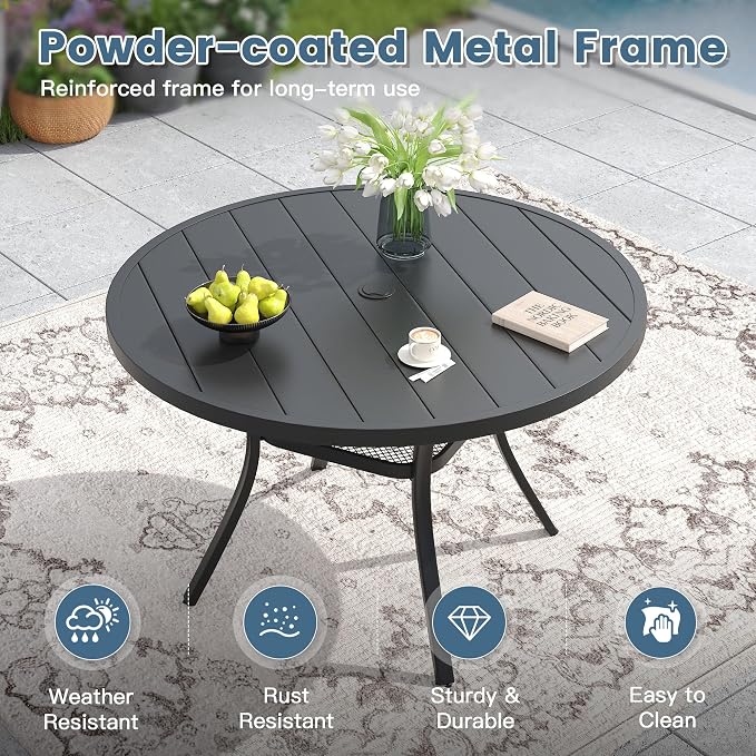DIFY Outdoor Dining Set for 6, Patio Dining Furniture Set Includes 47.2" Black Round Table with Adjustable Umbrella Hole and 6 Grey Stackable Metal Chairs for Poolside, Garden, Backyard