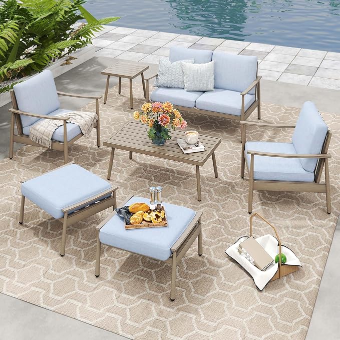 HAPPATIO Patio Outdoor Furniture Set - 7 Pieces Aluminum Outdoor Conversation Set Includes 1 Loveseat, 1 Coffee Table, 1 Side Table, 2 Armchairs, and 2 Ottomans for Porch, Lawn (Brown)