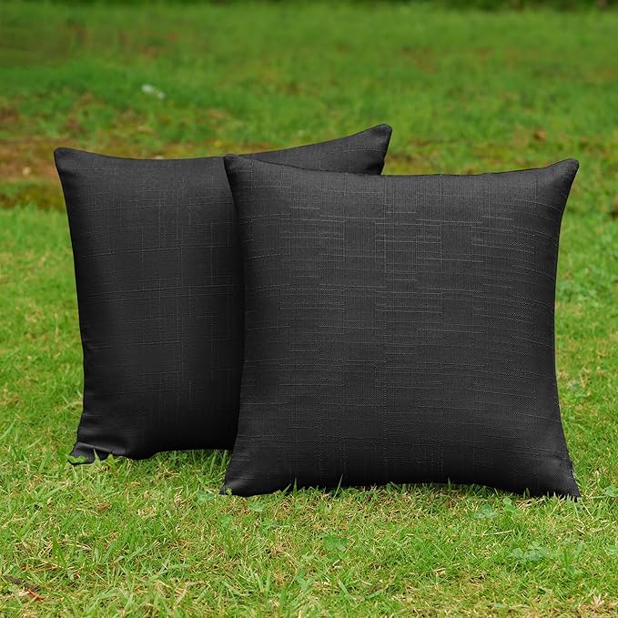 NiNi ALL Waterproof Outdoor Pillow Covers 22x22 Set of 2 Patio Black | Faux Linen Textured Decorative Solid Throw Pillow Covers Farmhouse for Garden Furniture Tent Balcony Couch Sofa Cushion