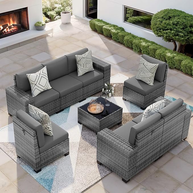 Patio Furniture Set, 8 Pieces Outdoor Sectional Sofa Conversation Sets with Waterproof Cover Modern Wicker Seating Set, 4'' Thickened Cushions 1 Glass Coffee Table 2 Armless Sofas, Grey