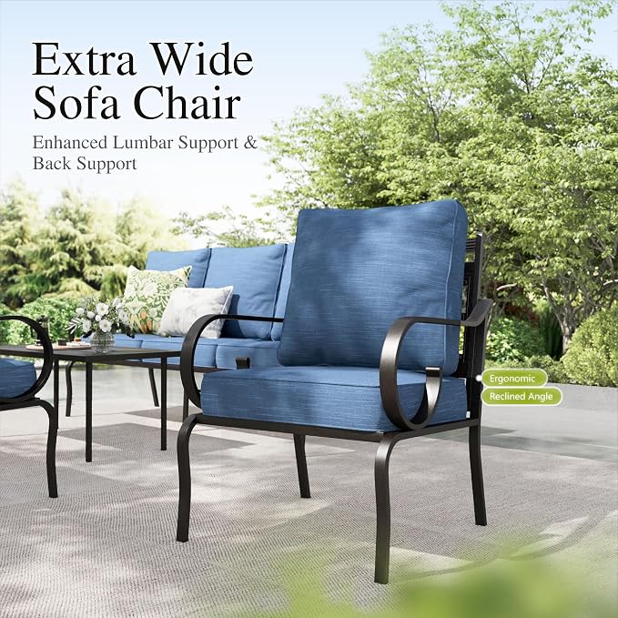 Sophia & William Patio Conversation Set for 7, 1 Loveseat, 3-Seater Sofa, 2 Fixed Chairs and 1 Coffee Table, Metal Outdoor Furniture with 5.75" Extra Thick Cushions, Navy