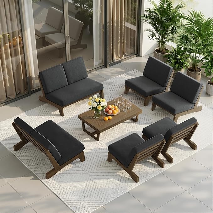 UIXE 8 Pieces All Weather Wood Patio Furniture Sets, 2 Patio Loveseat, 4 Patio Bistro Chair, Outdoor Sectional Sofa Furniture Backyard Conversation Set with Coffee Table - Dark Gray