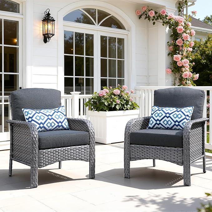 2 Pieces Patio Furniture Set, Two Single Chair Outdoor Furniture, All-Weather Rattan Wicker High Back Conversation Set of 2 for Small Space Porch, Backyard, Balcony, Black