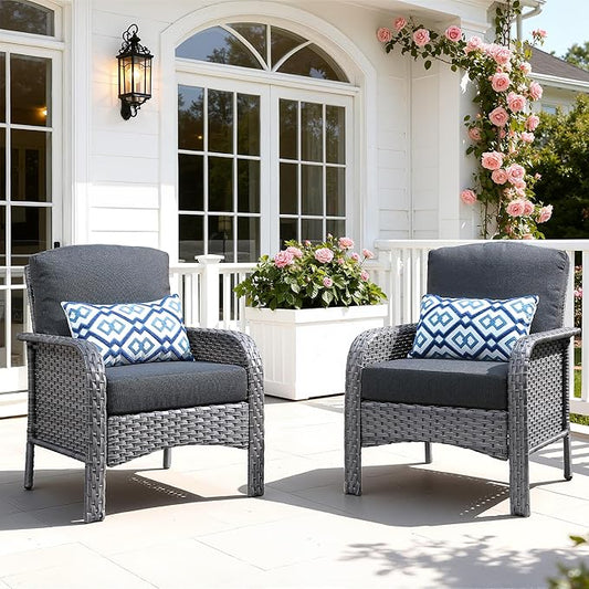 2 Pieces Patio Furniture Set, Two Single Chair Outdoor Furniture, All-Weather Rattan Wicker High Back Conversation Set of 2 for Small Space Porch, Backyard, Balcony, Black
