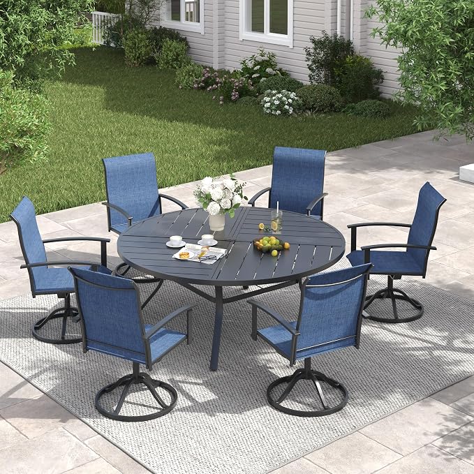 VICLLAX Outdoor Table and Chairs Set of 6, Metal Patio Dining Set-53 Round Dining Table and 6 Swivel Chairs for Deck, Lawn and Garden, Black Table and Blue Chairs