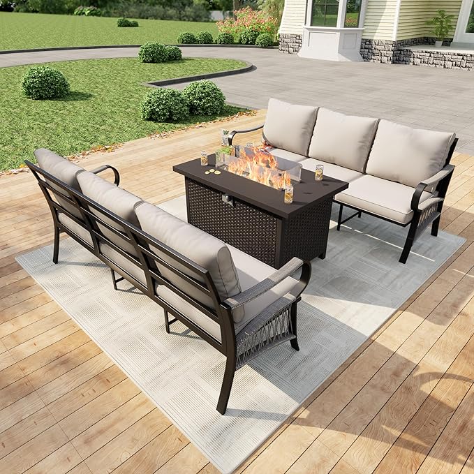 3 Pieces Patio Furniture Set, Metal Outdoor Conversation Sets with Fire Pit Table for Backyard Garden Deck Porch Poolside (Thick Beige Cushions)