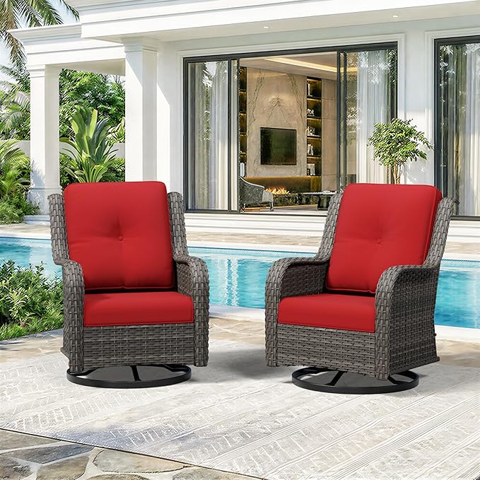 Swivel Rocker Patio Chairs Set of 2 - Outdoor Wicker Patio Furniture Set 2 Pieces with Thickened Olefin Cushions, High Back and Deep Seating, Hand-Woven PE Rattan for Porch, Deck, Red