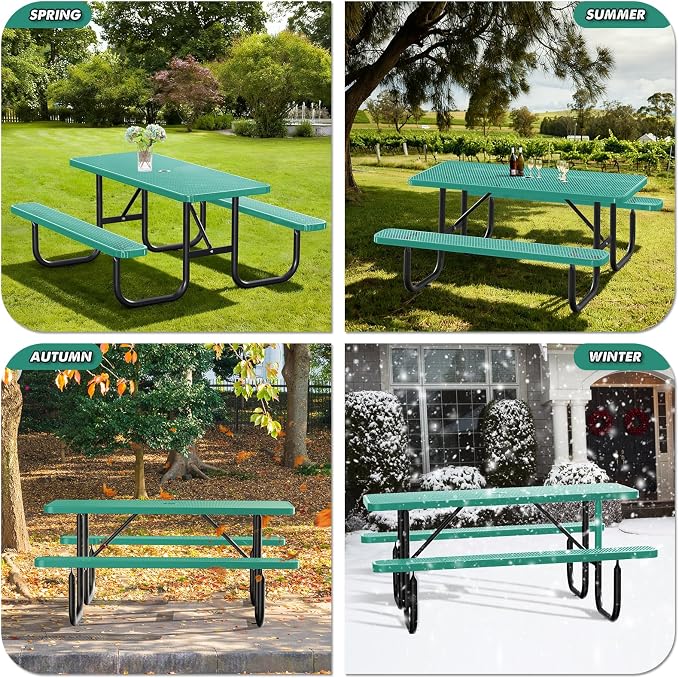 Ceridwen Heavy Duty Picnic Table with 2 Benches, Expanded Metal Steel Mesh Outdoor Patio Dining Table Bench Set with Umbrella Hole,Outdoor Patio Dining Table for Garden (Rectangular, Green, 6FT)