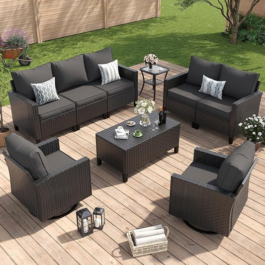 Amopatio Patio Furniture Set, 6-Piece Wicker Outdoor Sectional Sofa with Swivel Rocker Chairs, Rattan Conversation Set with Storage Coffee Table and Waterproof Cover for Backyard Black/Dark Grey