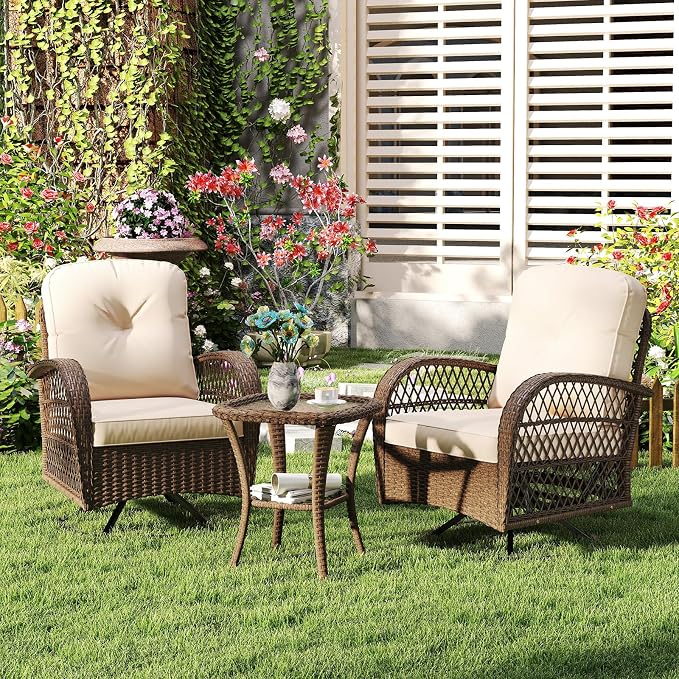 ORALNER 3 Pieces Wicker 360° Swivel Rocker Set Patio Furniture, Rocking Chairs with Cushions, Tempered Glass Coffee Table, Outdoor Rattan Bistro Set for Balcony Front Porch Deck Poolside (Beige)