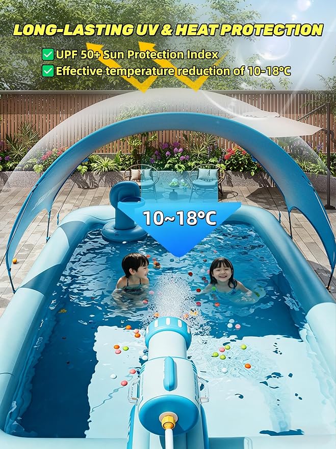 Inflatable Swimming Pool with Canopy & Air Pump & Inflatable Water Spray Gun, 118" Swimming Pool for Adults, Large Blow Up Pool Ideal for Family Backyard Garden Party, Outdoor Summer Fun