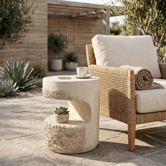 Christopher Knight Home Skye Round MGO Outdoor Side Table With Hollow Cylindrical Design, Square Accent Table with Stone-Like Texture, Weather Resistant Small End Table for Indoor/Outdoor Usage, Beige