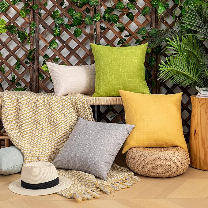 Kevin Textile Outdoor Waterproof 16”x16” Pillow Covers 2 Pack, Green | Water Resistant, Soft Faux Linen-cotton Yarn-dyed Woven Texture Throw Pillow Covers for Tent Patio Garden Couch Sofa