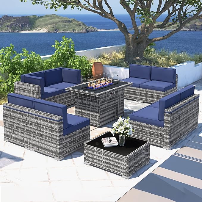 10 Pieces Patio Furniture Set with 44" Propane Gas Fire Pit Table, Outdoor Sectional Wicker Conversation Sofa Sets with Coffee Table