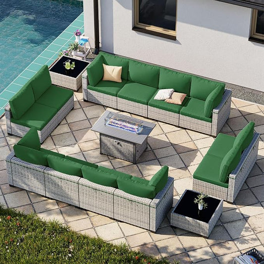 15-Piece Patio Furniture Set, Outdoor Patio Furniture with 55,000 BTU Fire Pit Table, Thick Cushions, Modular Patio Sofa, Dual-Strand Wicker Rattan, Rust-Resistant Frame, Dark Green