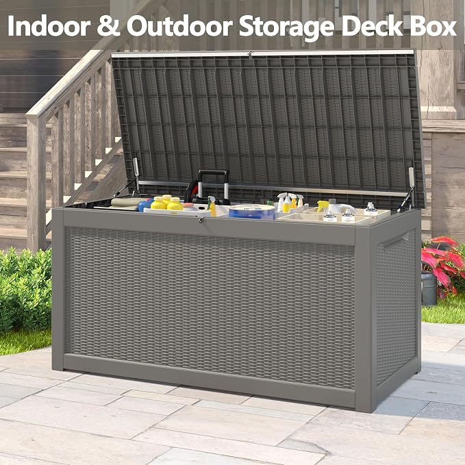 Bifanuo Outdoor Storage Box, 260 Gallon Deck Boxes Waterproof, Resin Storage Cabinet Multi Functional Storage Bench For Gardening Tools, Pool Supplies, Patio Furniture, Lockable
