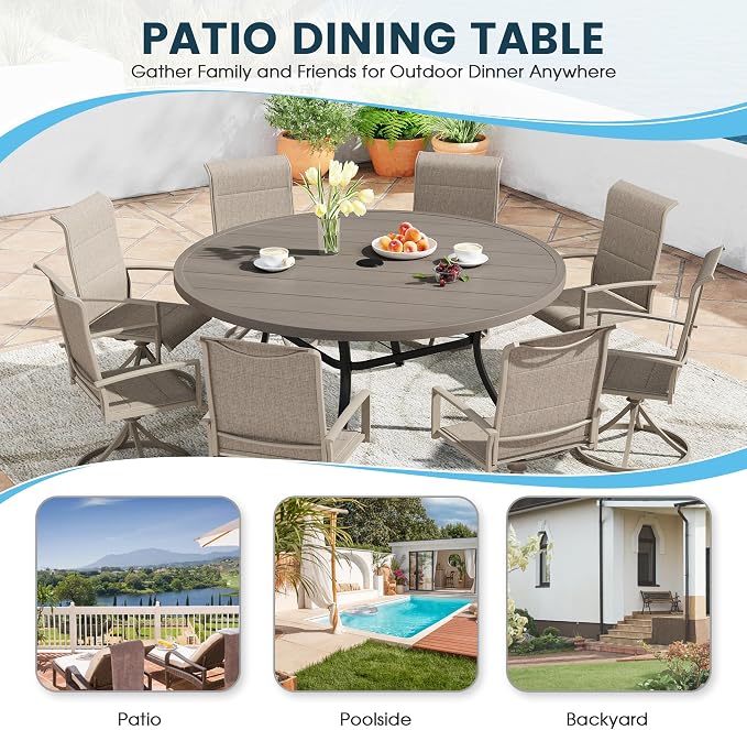Patio Dining Table for 8-10, Round Metal Outdoor Table with 1.57" Umbrella Hole, 63" Outdoor Slat Tabletop Dining Table for Backyard, Porch, Lawn, Grey