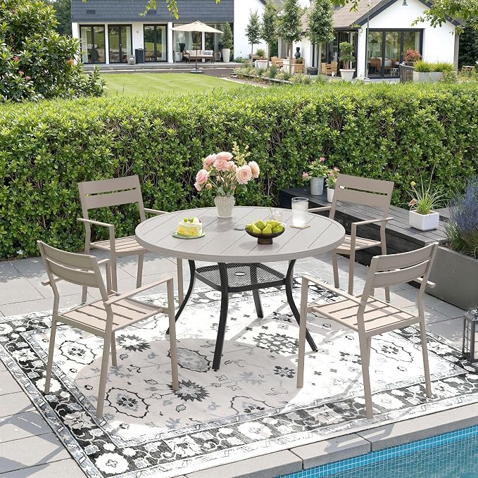 DIFY 5 Piece Outdoor Patio Dining Set for 4, Patio Table and Chairs Set with Umbrella Hole, 40.6" Round Dining Table and Stackable Metal Chairs for Backyard Garden Poolside, Grey Wood-Like & Sandshell