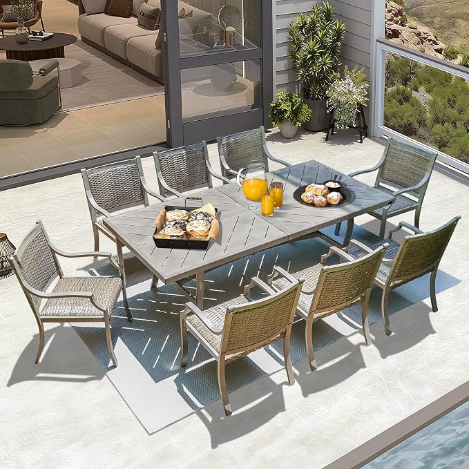 Ulax furniture Outdoor Patio Dining Table - Weather-Resistant Aluminum Frame Tabletop - Umbrella Hole for Garden, Backyard, Picnics