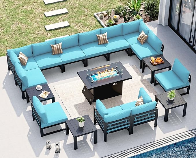 NICESOUL 12 Seat Extra Large Aluminum Patio Furniture Set with Fire Pit Table & End Table, 29" Wide Deep Seating, All-Weather L Shaped Outdoor Sofa, Contemporary Conversation Set for Garden, Turquoise