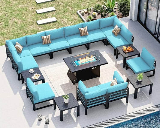 NICESOUL 12 Seat Extra Large Aluminum Patio Furniture Set with Fire Pit Table & End Table, 29" Wide Deep Seating, All-Weather L Shaped Outdoor Sofa, Contemporary Conversation Set for Garden, Turquoise