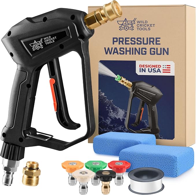 Wild Cricket Tools® Short Pressure Washer Gun 5000 PSI, 3/8" QC & M22-14mm Inlet | 5 Nozzles, 360° Swivel, Lockable Trigger | Fits Electric & Gas Pressure Washers - NOT for Garden Hoses