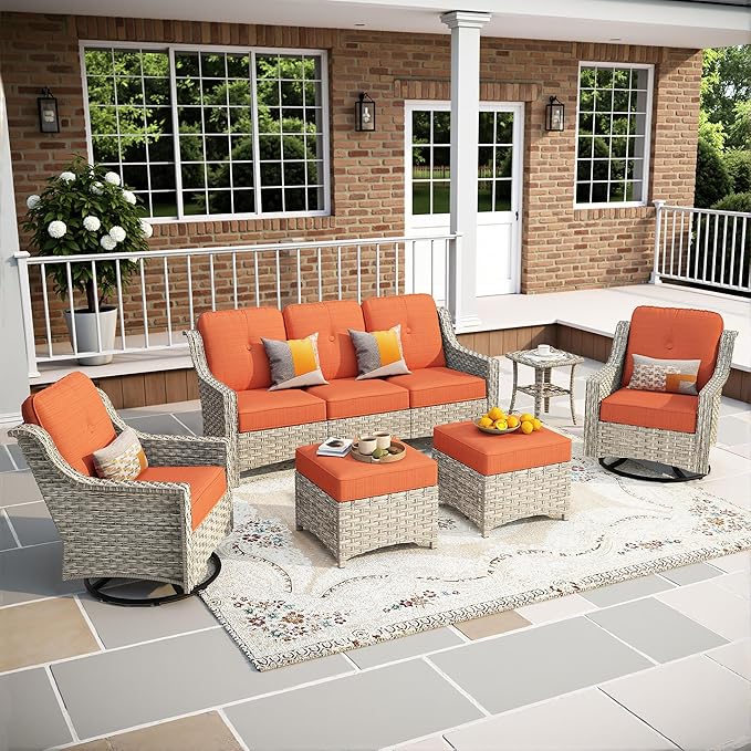 6-Piece Patio Furniture Set, Outdoor Conversation Set Sectional Sofa with Rocking Chairs and Water Resistant Cushions, Red-Striped