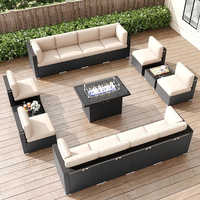 LayinSun 15 Pieces Patio Furniture Set with Fire Pit Table, Black Rattan Modular Sectional Patio Conversation Sofa Set