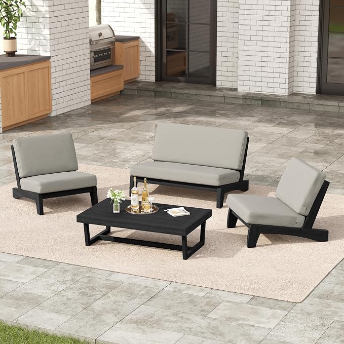 4 Pieces Patio Furniture Sets, All-Weather Outdoor Wood Bistro Set Patio Conversation Coffee Table Chiars and Patio Loveseat for Balcony, Backyard