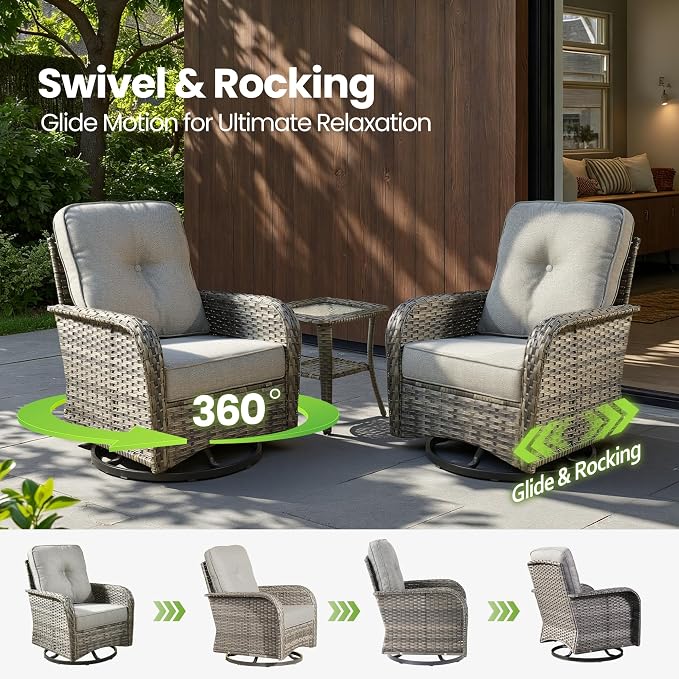 5 Piece Wicker Patio Furniture with Swivel Rocker Chair, Dark Gray | High Back Swivel Rocker Chairs, All Weather Rattan Outdoor Sofa, Solar Lights Table, Modern Conversation Sets, Deck Backyard