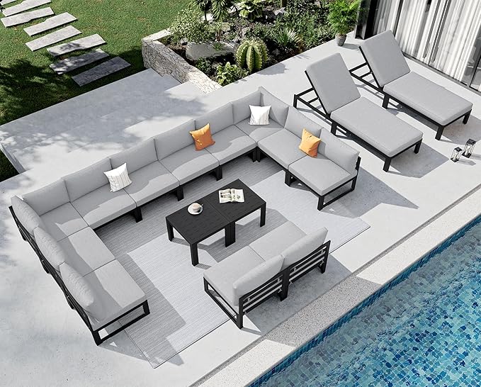 NICESOUL 14-Person Luxury Aluminum Outdoor Sectional Sofa Set with Chaise, 500lbs Heavy Duty Modular Patio Furniture, 29" Wide Deep Seating All-Weather Conversation Set for Poolside, Light Gray
