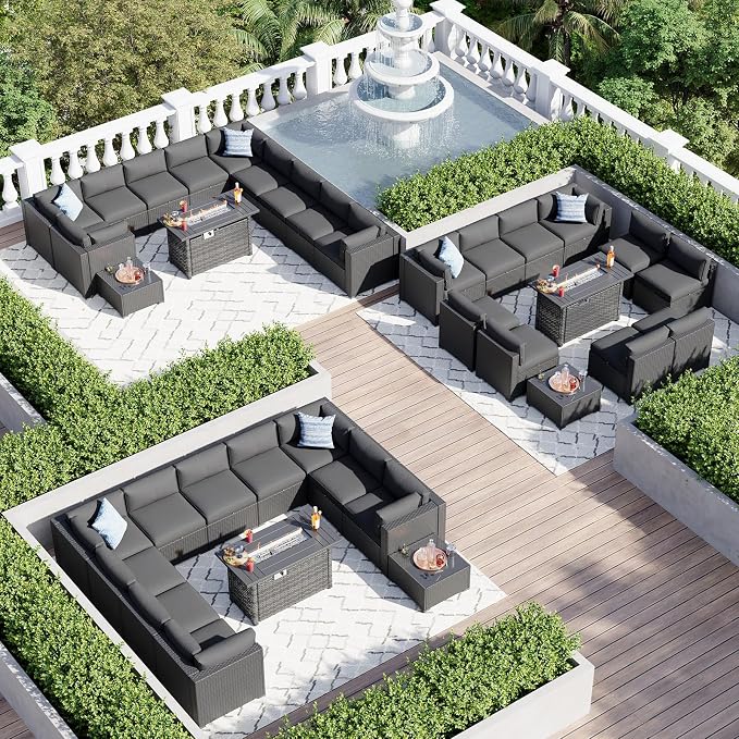 Aoxun 15 Piece Patio Furniture Set with 44” Fire Pit Table Wicker Patio Sectional Sofa Set Outdoor Seating Furniture with Thickened Cushion, Black