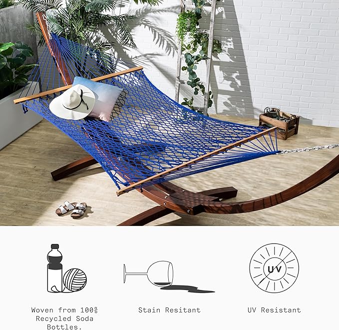 Fab Habitat Rope Recycled Polyester Hammock - Miami - Blue - Indoor/Outdoor, Quick Dry, 2 Person 400 lbs Capacity - Patio, Poolside, Backyard, Garden, Beach, Balcony - 12-14 ft Adjustable